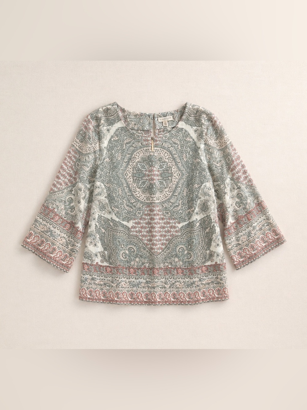 Lila Rose Paisley Blouse Silk Feel 3/4 Sleeve Boho Chic Top Size Medium